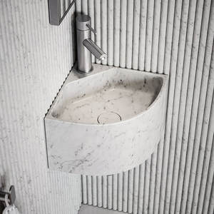 Lavabo <span class=keywords><strong>Angolare</strong></span> Galleggiante Elegante in Micro Marmo Lucidato per Bagno, Lavabo da Appoggio in Marmo - Product Image 1