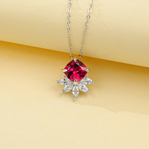 925 Sterling Silver Lab Grown <b>Ruby</b> <b>Necklace</b> Cushion Cut Marquise CZ Halo Floral Pendant Clavicle Chain for Women K - Product Image 2
