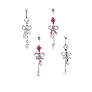 316L Stainless Steel Dangling Chain Bow Navel Button Ring Long Tassel Bowknot Belly Ring