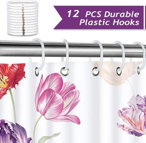 Cortina de Ducha con Diseño de Tulipanes <span class=keywords><strong>en</strong></span> <span class=keywords><strong>Acuarela</strong></span>, 72x72 Pulgadas, Impermeable, Resistente al Moho, Tela de Poliéster, con 12 Ganchos - Product Image 3