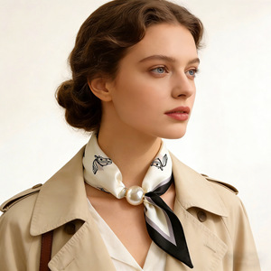 Silk <b>Square</b> <b>Scarf</b> With Horse Print Pearl Pendant Magnetic Closure Spring Summer Fashion Women's Accessory - Product Image 1