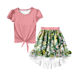 Ensemble 2 pièces décontracté en soie de lait pour filles, haut à manches courtes avec nœud et pantalon à volants asymétrique, imprimé personnalisé pour l'été - Product Image 2