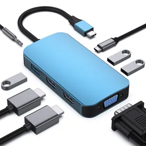 USB C MST HUB 8 في 1 مخصص مع 2*HDMI/1*VGA, 3*USB 3.0/100W توصيل الطاقة/3.5مم Aux Audio متوافق مع iPhone 15