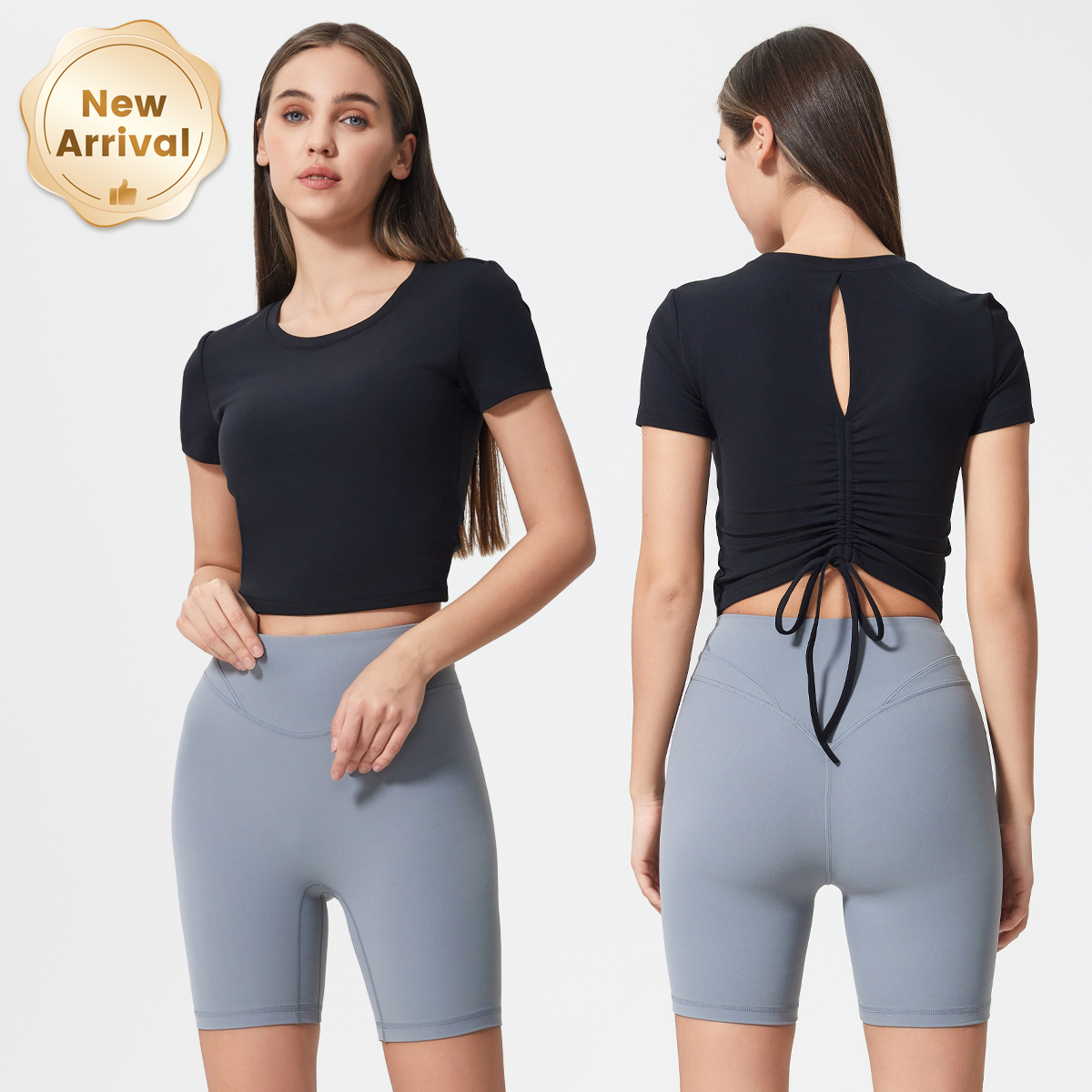 Women's Breathable Yoga Top Hollow-Out Back Short Sleeves Drawstring Wrinkle Design Fixed Cup Fitness Shirt for Summer Outdoor