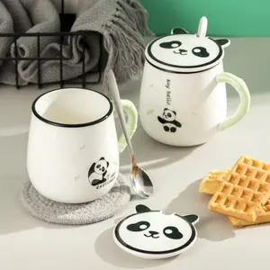 Venta al por mayor los niños del bebé de la taza de leche de dibujos animados-Taza de cerámica de Panda de dibujos animados con tapa, regalo para niños