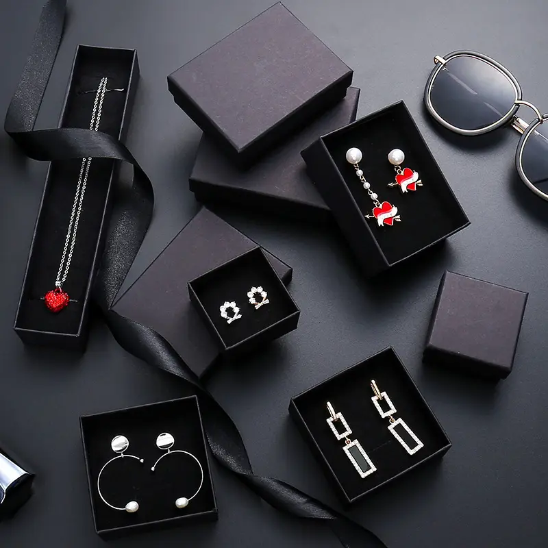 2023 Custom ized Jewelry Geschenk box Black Kraft Paper Ohrringe Halskette Armband Ring Box Custom Logo für Schmuck