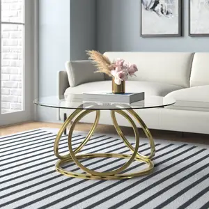 Hotsale Modern Round Glass Coffee Table For Living Room With Ring-Shaped Frames Gold Glass Table For Home Office Gold Finish