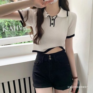 Pull décontracté d'été pour femme en viscose à col rabattu et bouton unique, respirant, anti-boulochage, à manches courtes et doux – Vente en gros - Product Image 2