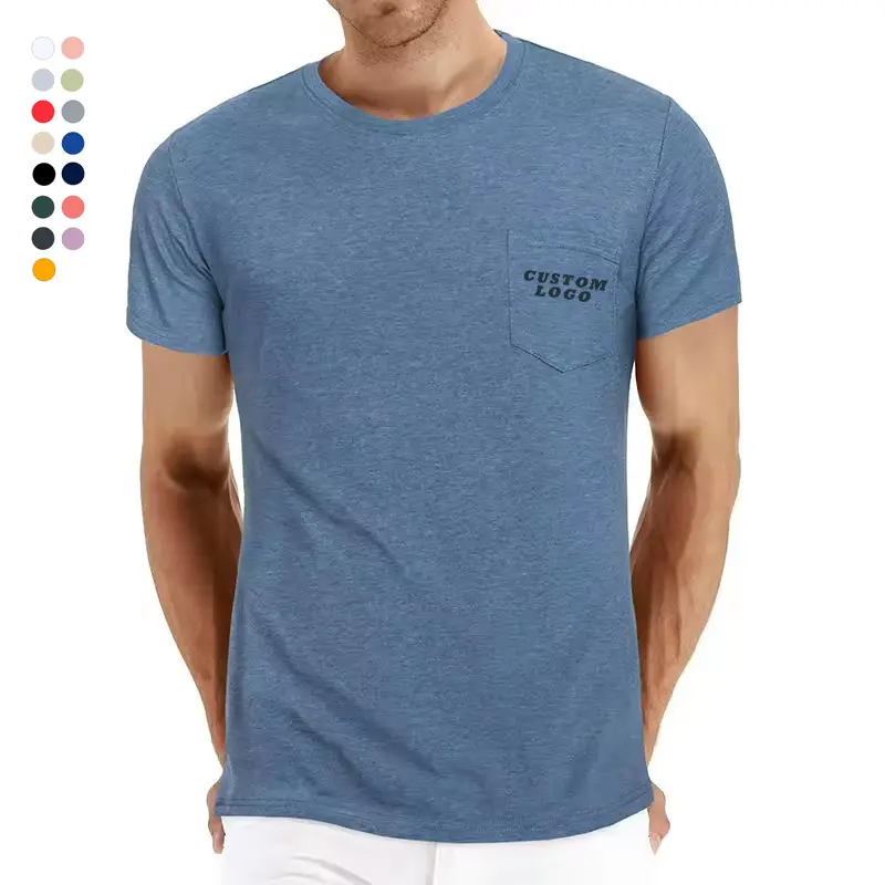 T-shirt avec poche pour homme, couleur unie, été, automne, en coton, avec poche poitrine