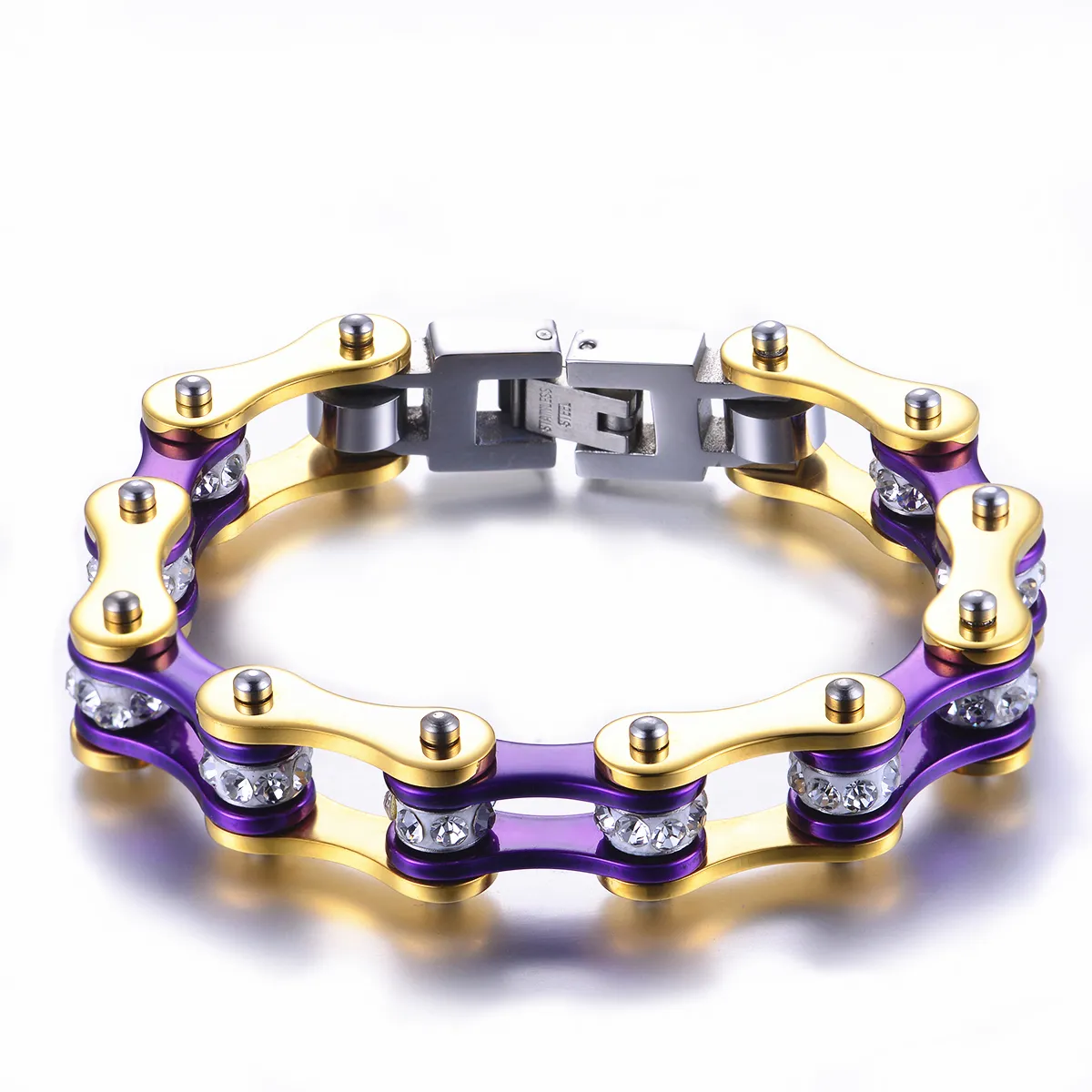 Motorcycle Chain Ladies Bling Bracelet Gold & Purple Color Link Chain 316 Stainless Steel Bicycle Biker Bracelet