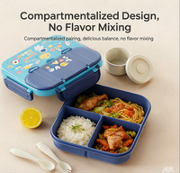 Boîte à lunch en plastique pour enfants, motif dessin animé, compatible micro-ondes, avec compartiments pour fourchette et cuillère, design hermétique, capacité 1-2L, à un seul niveau