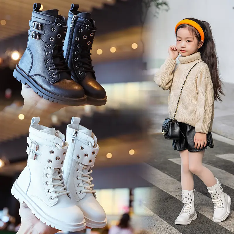 Novedades Zapatos planos de invierno para niños Venta al por mayor Botas casuales de moda para niños Botas negras personalizadas con cremallera Western Girls