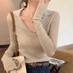 Suéter de punto con cuello en V para mujer en la primavera de un <span class=keywords><strong>nuevo</strong></span> suéter con forro interior elegante y aspecto reductor de edad. Top de manga larga - Product Image 1
