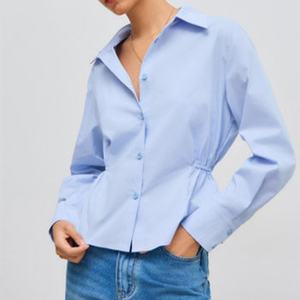 Camisa y blusa informal de manga larga para mujer 100% algodón azul claro transpirable a la moda de verano personalizada - Product Image 3