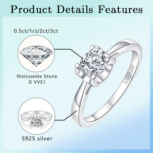 Anello da Donna in Moissanite, Anello in Argento S925, Pietra Sciolta 1ct 2ct D VVS1, Anello di Fidanzamento - Product Image 5
