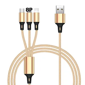 Factory Wholesale 3 In 1 Charging Cable Data Wire Micro USB Type-c 8pin Fast Charge Three-In-One Nylon Braided Data Cable