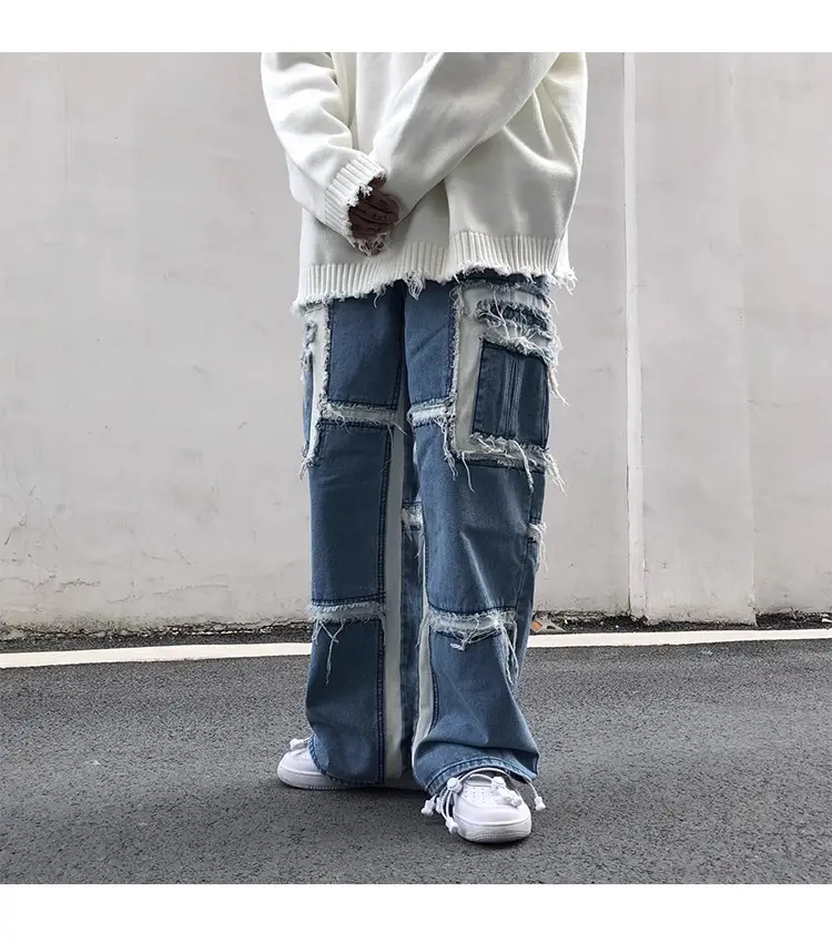 Custom Cowboy Allover Distressed men's pants   trousers Men's Non- Stretch Jeans Loose Straight Casual Men Baggy Jeans