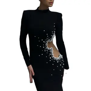 Long Sleeve 2023 Evening Dress Suppliers Hollow Out Pearl Tulle Patchwork Black Fashion Elegant Dress