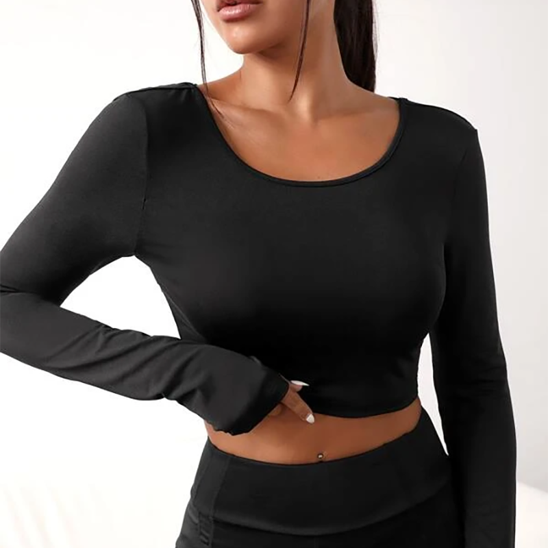 Plain Round Neck Black Braided Detail Cut Out Backless Women Long Sleeve Thumb Hole Crop Yoga Crop Top Gym Tee