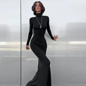 टर्टलनेक एलिगेंट फैशन सेक्सी पार्टी इवनिंग क्लब रैप ब्लैक विंटर ड्रेस महिलाओं के लिए लंबी आस्तीन वाले आउटफिट मैक्सी बॉडीकॉन ड्रेस