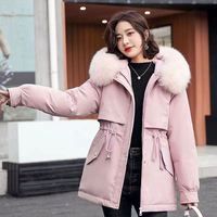 HANOU 2024 Nouveau Manteau d'hiver matelassé mi-long à capuche avec grand col en fourrure KYT