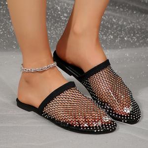 <span class=keywords><strong>Sandales</strong></span> plates pour femmes MIO 2026, ornées de strass brillants, <span class=keywords><strong>sandales</strong></span> d'été sexy en maille ajourée, respirantes, style filet de pêche - Product Image 2
