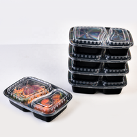 Boîte à repas jetable en plastique noir pour micro-ondes, 2 compartiments, type bento, pour plats à emporter