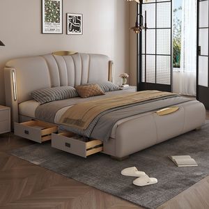 <span class=keywords><strong>Letto</strong></span> Moderno in Pelle con Testiera Trapuntata Regolabile, Base Crema con Dettagli Dorati e Luci LED, Spazio di Archiviazione Integrato - Product Image 4