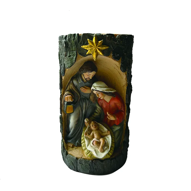 Resina religiosa família holy natal natividade com estrela no buraco da árvore enfeite