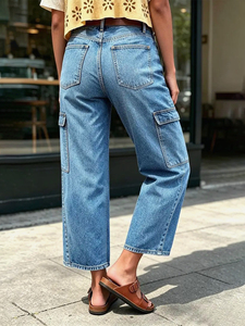 Jeans Cargo da Donna a Vita Alta con Tasche Multiple, Pantaloni in Denim Vintage Larghi e Dritti, Modello 8 Punti - Product Image 2