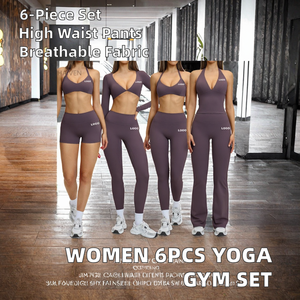 Conjuntos Deportivos de Gimnasio Transpirables para Mujer, 6 Piezas, Sujetador Deportivo de Yoga, Leggings de Cintura Alta, Top Corto Acolchado, Camiseta sin Mangas Larga - Product Image 2