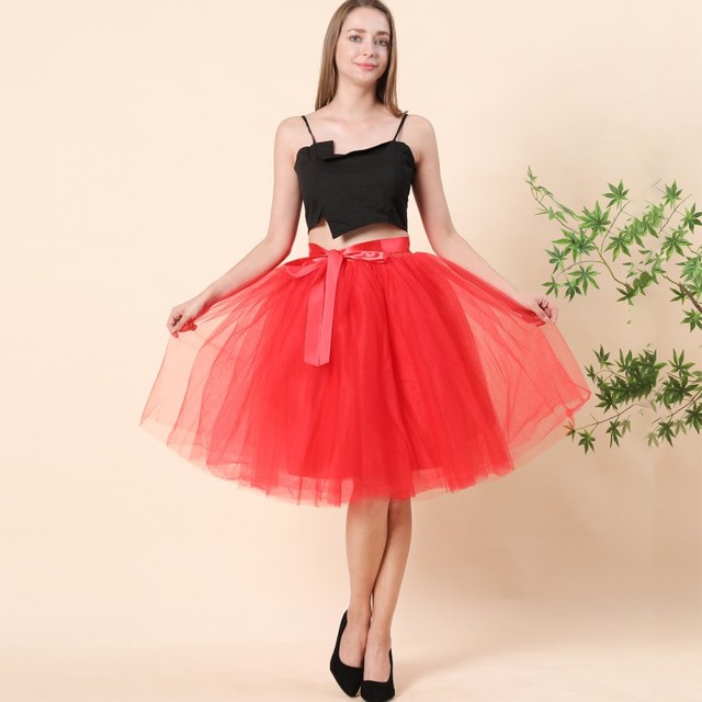 Fashionable Fluffy Summer Women Knee Length High Waist 6 Layers Tulle Tutu Skirts With Lining