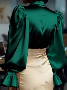 Blus Satin Kerah Notch Lengan Panjang Puff Warna Polos Trendi Baru Ukuran S-2XL untuk Wanita - Product Image 2