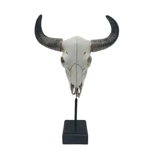Harz Handwerk Tier Büffel Schädel Kopf Statue auf Basis Ornamente Schreibtisch Dekor