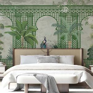 Mural <span class=keywords><strong>de</strong></span> pared personalizado para el hogar, diseño <span class=keywords><strong>de</strong></span> pavo real, planta tropical, jardín, papel tapiz - Product Image 4