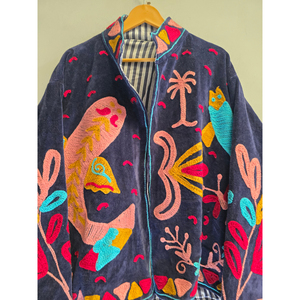 Chaqueta de terciopelo bordada con cremallera para mujer, con estampado floral y cuello alto, abrigo de invierno de diseño vintage - Product Image 6