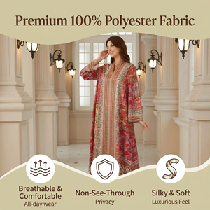 ชุดเดรสยาวพิมพ์ลายสีแดงสไตล์อิสลามประดับด้วยคริสตัล - Product Image 2