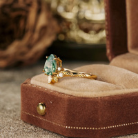 Cincin Tunangan/Pernikahan Perak Sterling 925 Grosir dengan Batu Agate Moss Potongan Pir, Lapisan Emas, Batu Permata Hijau, Perhiasan Berkualitas Tinggi untuk Wanita