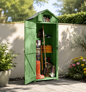 Abri de jardin moderne en bois avec 3 étagères amovibles, toit imperméable et porte de trappe - 77x54.2x179cm Vert - Product Image 1