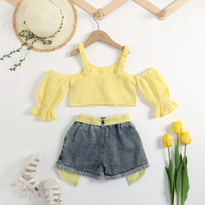 Vêtements d'été pour enfants 2022, ensemble fille, nouveau modèle, bretelles, épaules dénudées, manches bouffantes, ensemble deux pièces pour bébé fille, vêtements décontractés pour enfants - Product Image 2