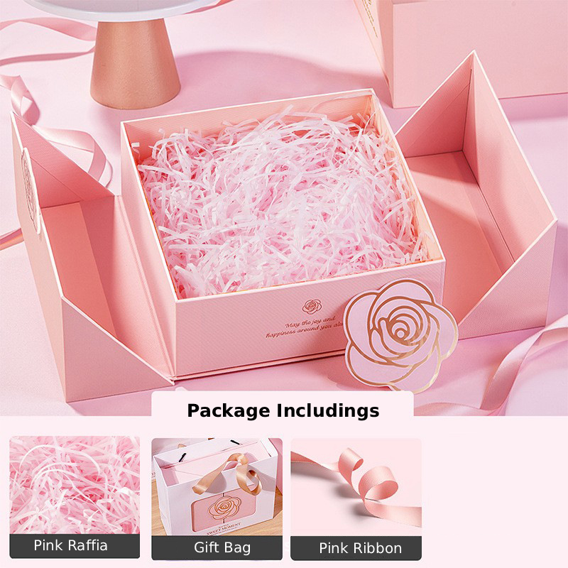 Coffret cadeau rose (boîte + raphia + sac à main)