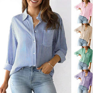 Camisa vaquera informal de manga larga para mujer, lisa, teñida, vintage, tejida, estampada, a rayas, transpirable, holgada, para invierno - Product Image 1
