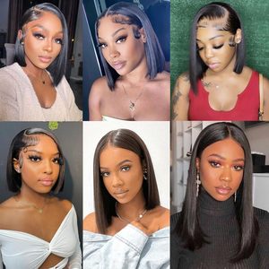 <span class=keywords><strong>Cheveux</strong></span> humains brésiliens densité 200 # Perruque courte brune chocolat, coupe bob, lisse comme des baguettes, avec dentelle transparente HD 13x4 pour femmes - Product Image 6