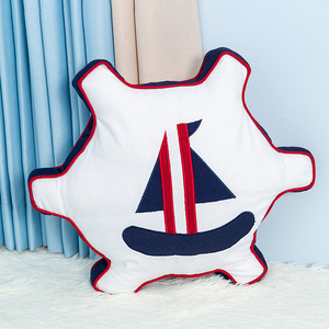 Mediterranean Style Ship Wheel Throw Pillow Cotton Oxford Fabric Embroidery Lumbar Support Blue White 47x47cm - Product Image 2