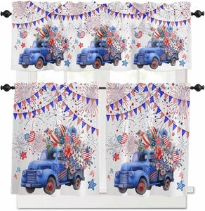 วันประกาศอิสรภาพ อย่าลืมฮีโร่ของเรา ผ้าม่านครัวลายธงชาติอเมริกัน ผ้าม่านหน้าต่างลายดอกไม้ ผ้าม่านสั้นแบบวาลานซ์ 3 ชิ้น - Product Image 4