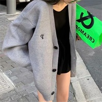 Cárdigan de punto para mujer, holgado, con cuello en V, botones frontales, manga larga, detalles de acrílico, cómodo, elegante, informal, para fin de semana u oficina, venta al por mayor