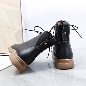 Botas de Cuero para Mujer con Cierre de Cremallera, Cómodas para Primavera, Otoño e Invierno, Diseño con Cordones, Suela Suave, Cuero Vacuno Negro Grueso - Product Image 5