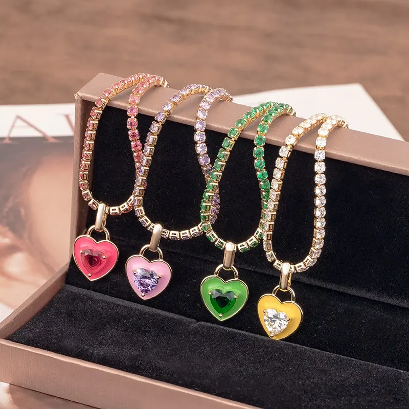 Mode Kleurrijke Diamant Hartvormige Tennis Ketting Sieraden Rvs Zirkoon Cz Tennis Ketting Love Heart Hanger