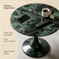 Table d'appoint de luxe en marbre vert avec accentures sculptées, design moderne sur piédestal pour la décoration d'hôtels et d'hôpitaux, pierre naturelle découpée sur mesure