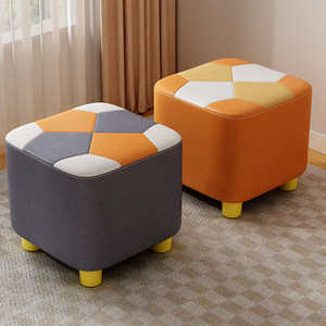 Orange <strong>Patchwork</strong> Square Ottoman, PU Leather Cube <strong>Footstool</strong>, Kids Upholstered Stool with Wooden Legs for Nursery &amp; Living Room - Product Image 3